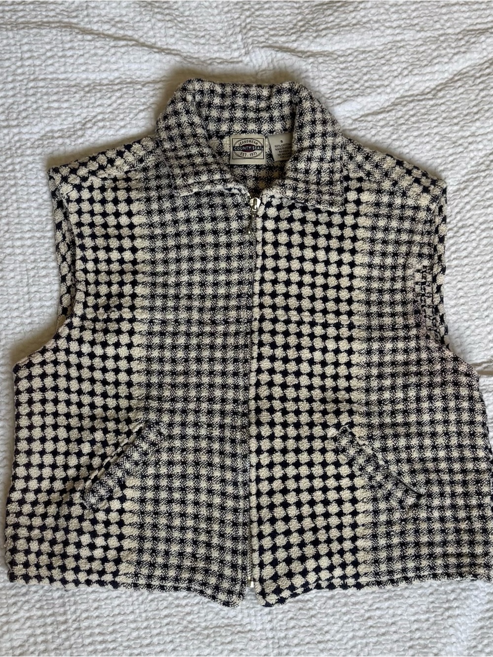 Women's Navy and Cream Patterned Zip-Front Vest